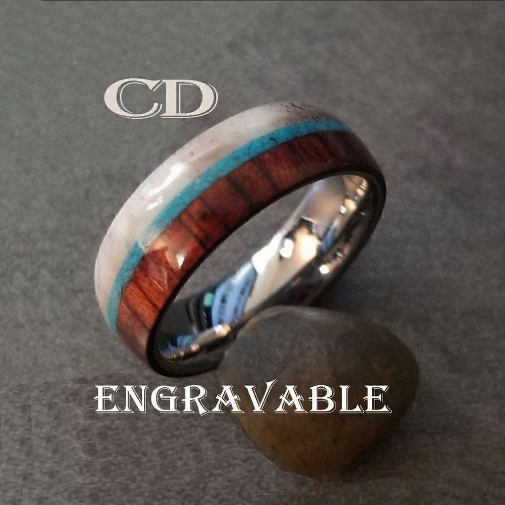 Personalized Engraved Men's Wood Turquoise and Antler Tungsten Wedding Ring band